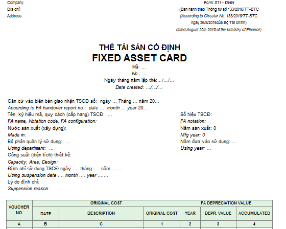 Mẫu thẻ tài sản cố định - SONG NGỮ theo TT200/2014/TT-BTC ngày 22/12/2014 của Bộ Tài chính