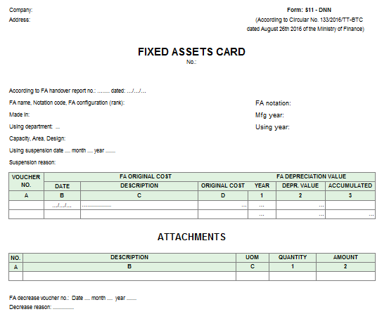 Mẫu thẻ tài sản cố định - TIẾNG ANH theo TT133/2016/TT-BTC ngày 26/08/2016 của Bộ Tài chính