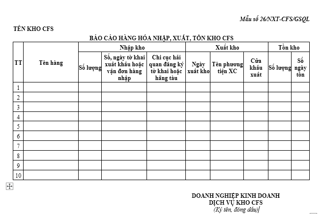 Mẫu báo cáo hàng hóa nhập, xuất, tồn kho CFS