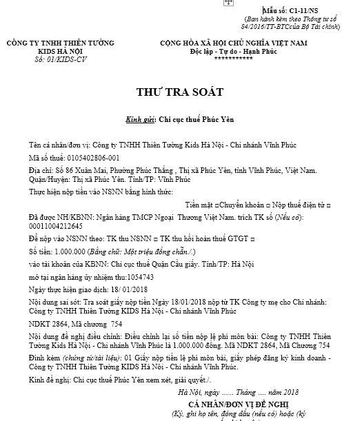 Mẫu thư tra soát theo thông tư 84