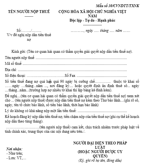 Biểu mẫu đề nghị nộp dần tiền thuế nợ