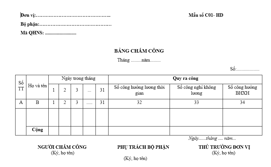 Mẫu bảng chấm công C01a-HD dành cho đơn vị hành chính sự nghiệp