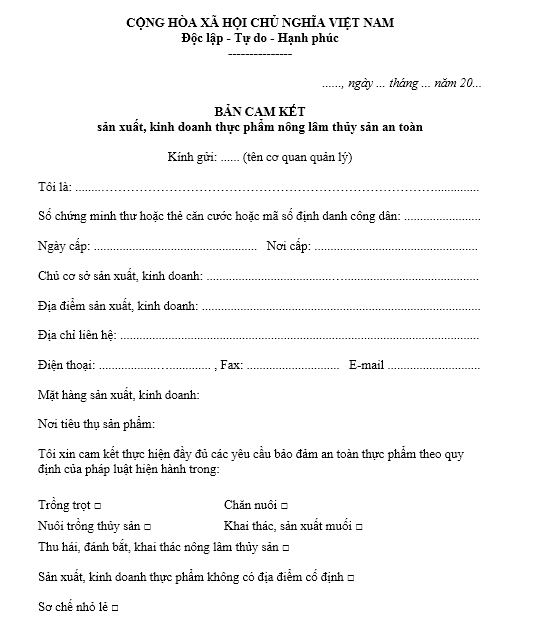 Mẫu bản cam kết sản xuất, kinh doanh thực phẩm nông lâm thủy sản an toàn