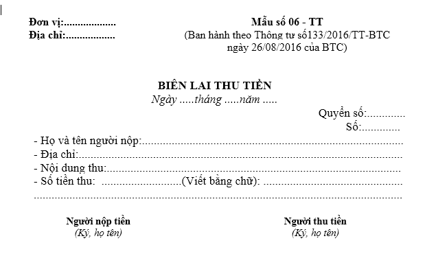 Mẫu biên lai thu tiền theo TT133/2016/TT-BTC ngày 26/08/2016 của Bộ Tài chính