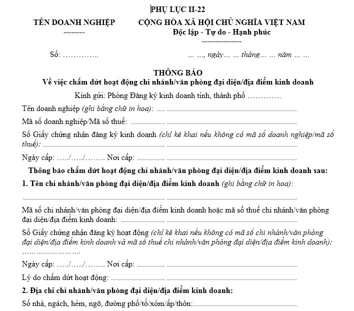 Mẫu thông báo về việc chấm dứt hoạt động chi nhánh/văn phòng đại diện/địa điểm kinh doanh
