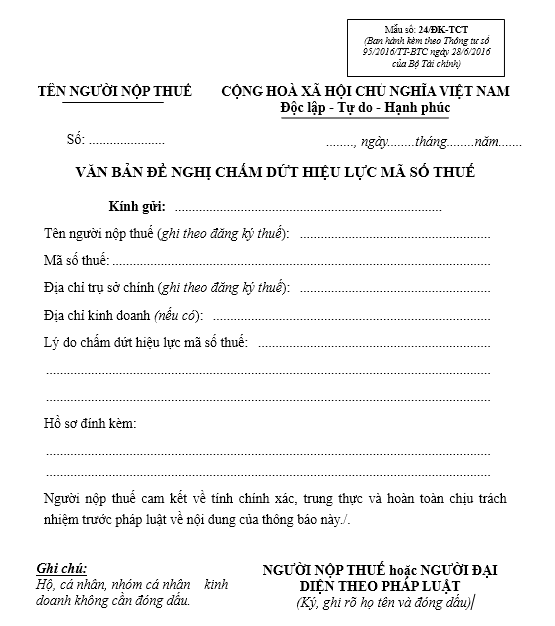 Mẫu văn bản đề nghị chấm dứt hiệu lực mã số thuế