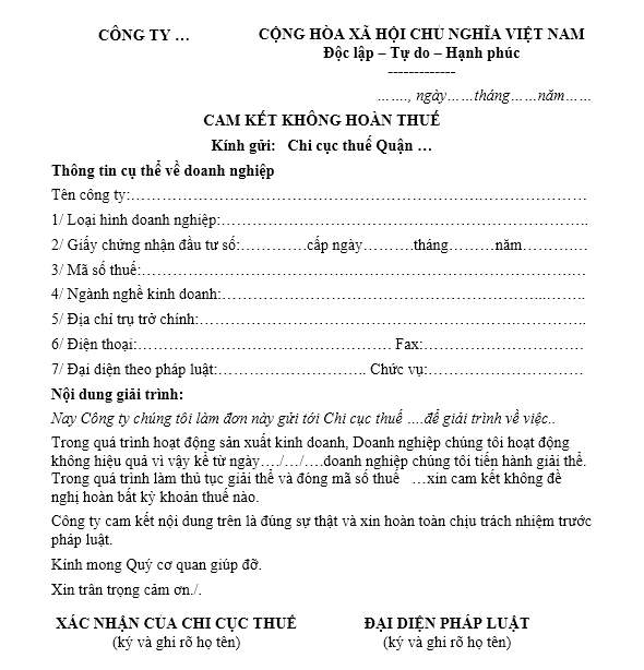 Mẫu cam kết không hoàn thuế mới nhất