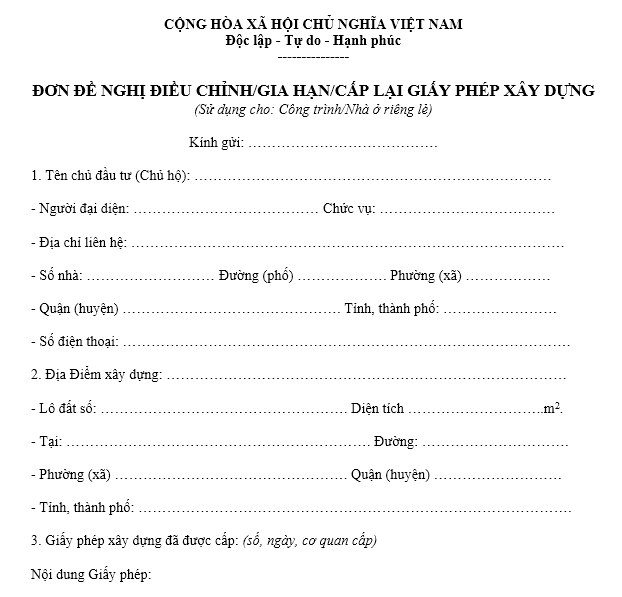 Mẫu đơn đề nghị điều chỉnh/ gia hạn/ cấp lại giấy phép xây dựng