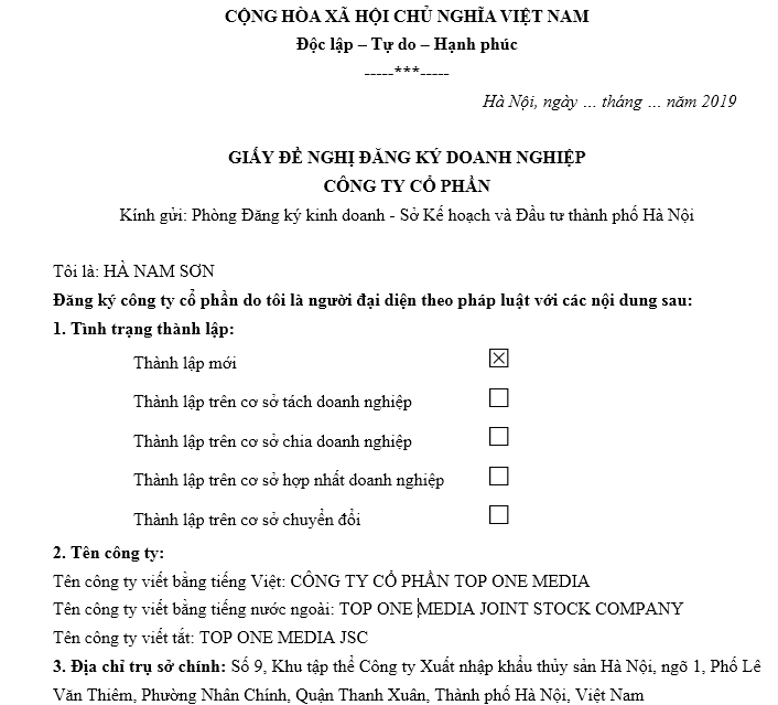 Mẫu giấy đề nghị đăng ký doanh nghiệp công ty cổ phần