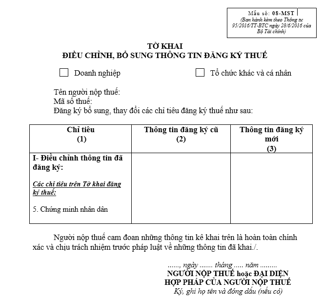Mẫu tờ khai điều chỉnh, bổ sung thông tin đăng ký thuế