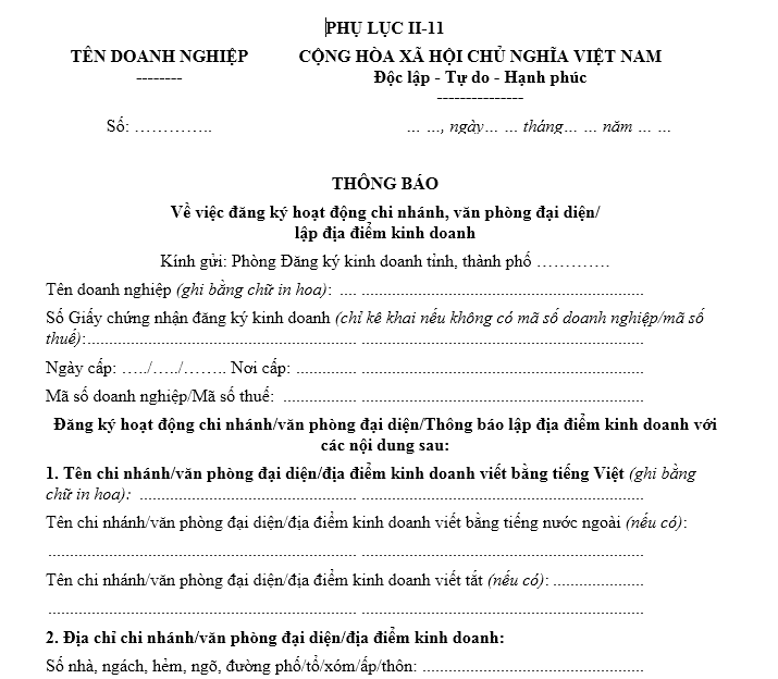 Mẫu thông báo về việc đăng ký hoạt động chi nhánh, văn phòng đại diện/ lập địa điểm kinh doanh