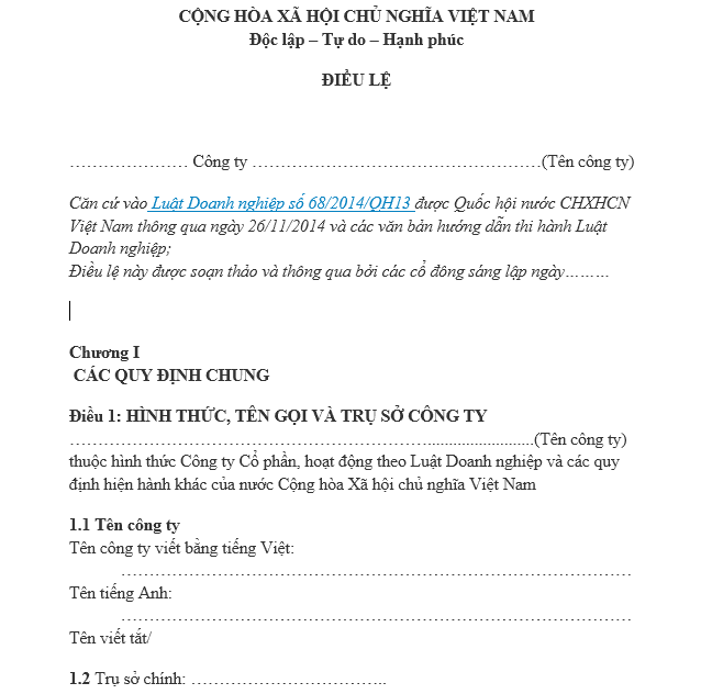 Mẫu điều lệ công ty cổ phần bản cập nhật mới nhất