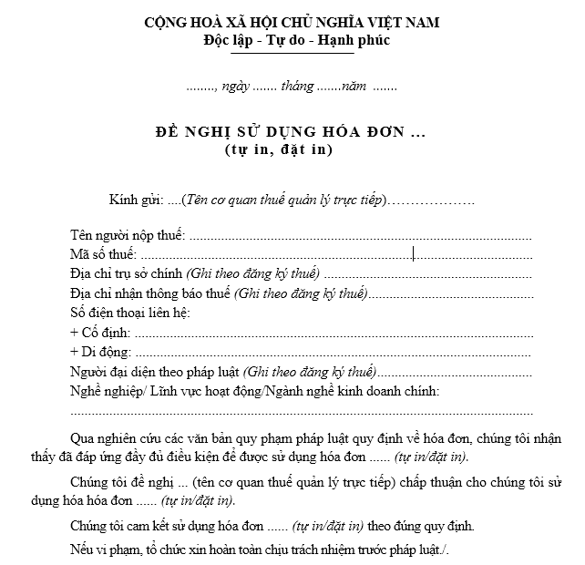 Mẫu đề nghị sử dụng hóa đơn tự in ( đặt in)