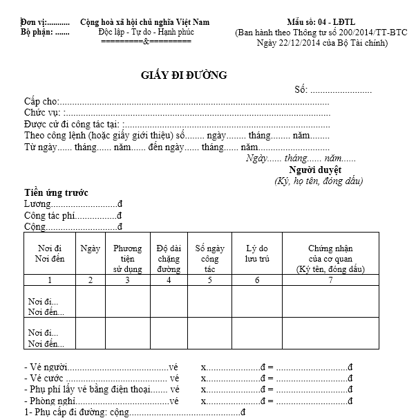 Mẫu giấy đi đường theo TT200/2014/TT-BTC ngày 22/12/2014 của Bộ Tài chính