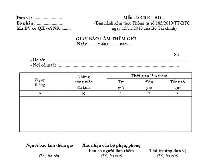 Mẫu giấy báo làm thêm giờ ban hành kèm theo Thông tư số 185/2010/TT-BTC ngày 15/11/2010 của Bộ Tài chính
