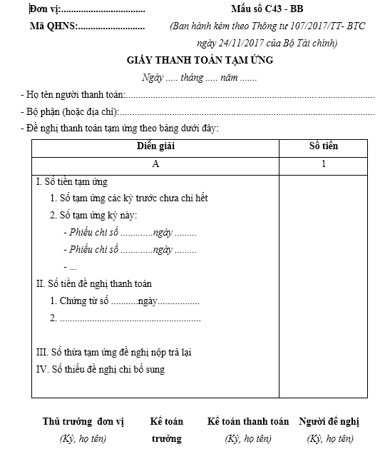 Mẫu giấy đề nghị thanh toán tạm ứng ban hành kèm theo Thông tư số 107/2017/TT-BTC ngày 10/10/2017 của Bộ Tài chính
