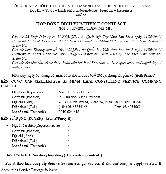 Mẫu hợp đồng dịch vụ - SERVICE CONTRACT ( SONG NGỮ )