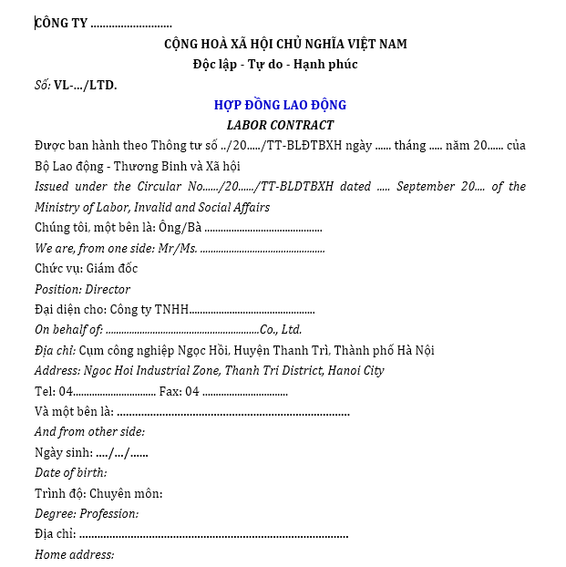 Mẫu hợp đồng lao động SONG NGỮ (LABOR CONTRACT) mới nhất