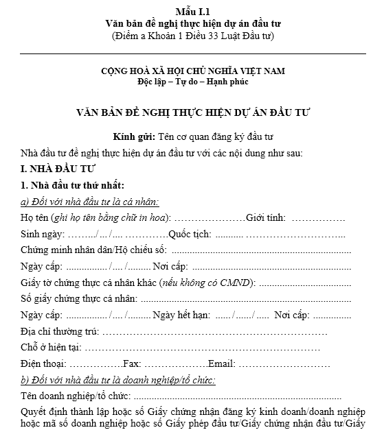 Mẫu văn bản đề nghị thực hiện dự án đầu tư ban hành theo thông tư 16/2015/TT- BKHĐT