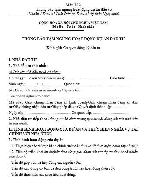 Mẫu thông báo tạm ngừng hoạt động đầu tư dự án