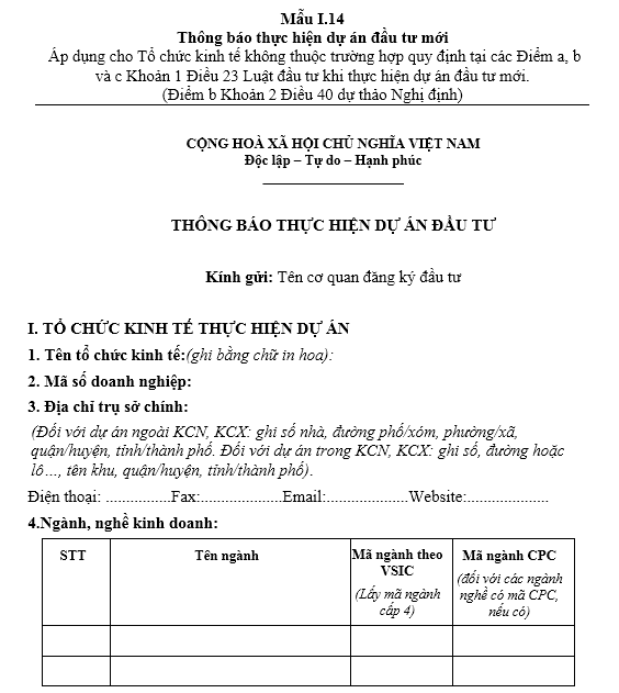 Mẫu thông báo thực hiện dự án đầu tư
