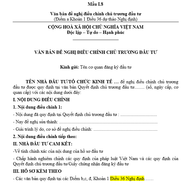 Mẫu văn bản đề nghị điều chỉnh chủ trương đầu tư