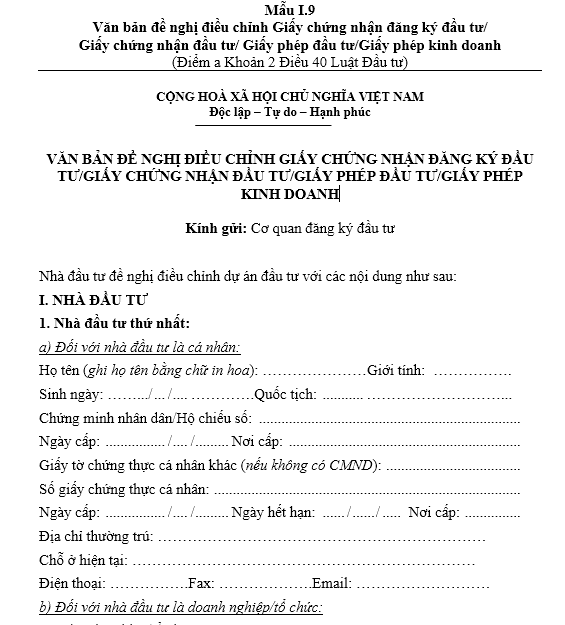 Mẫu văn bản đề nghị điều chỉnh giấy chứng nhận đăng ký đầu tư/ giấy chứng nhận đầu tư/ giấy phép đầu tư/ giấy phép kinh doanh