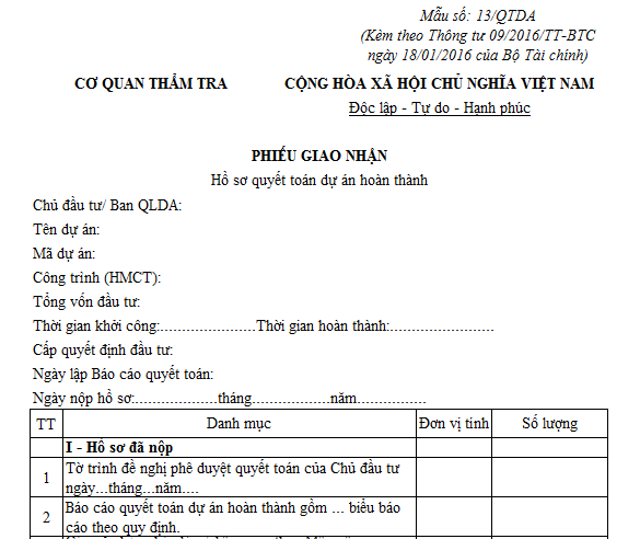 Mấu phiếu giao nhận theo phụ lục thông tư 09/2016/TT-BTC