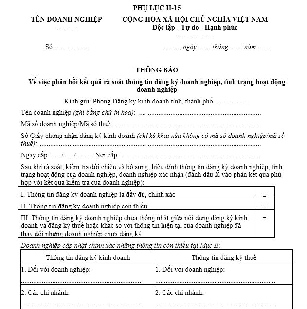 Mẫu thông báo về việc phản hồi kết quả rà soát thông tin đăng ký doanh nghiệp, tình trạng hoạt động doanh nghiệp