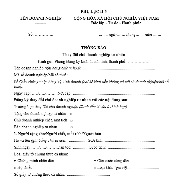 Mẫu thông báo thay đổi chủ doanh nghiệp tư nhân mới nhất