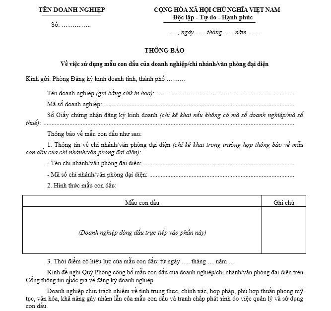Mẫu Thông báo về việc sử dụng mẫu con dấu của doanh nghiệp/chi nhánh/văn phòng đại diện (Phụ lục I-18)