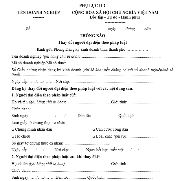 Mẫu thông báo thay đổi người đại diện theo pháp luật 2019