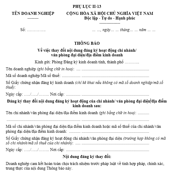 Mẫu thông báo về việc thay đổi nội dung đăng ký hoạt động chi nhánh/ văn phòng đại diện/địa điểm kinh doanh