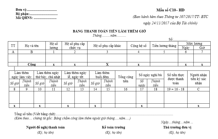 Mẫu bảng thanh toán tiền làm thêm giờ ban hành theo Thông tư số 107/2017/TT-BTC ngày 10/10/2017 của Bộ Tài chính