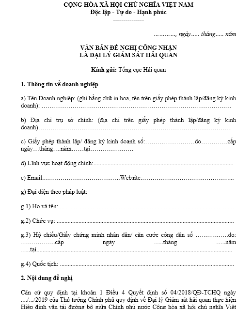 Mẫu văn bản đề nghị công nhận là đại lý giám sát hải quan