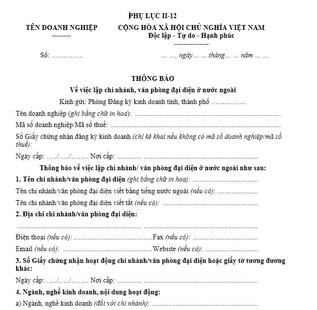 Mẫu thông báo về việc lập chi nhánh, văn phòng đại diện ở nước ngoài