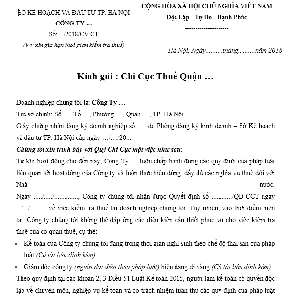 Mẫu công văn xin gia hạn thời gian kiểm tra thuế