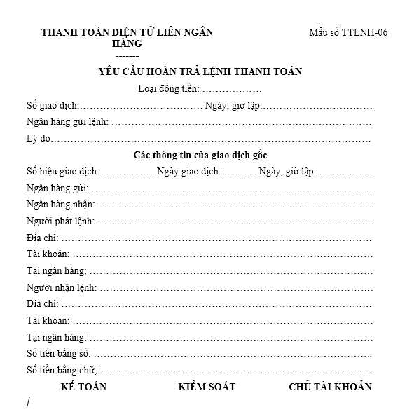 Mẫu yêu cầu hoàn trả lệnh thanh toán