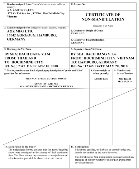 Mẫu giấy chứng nhận hàng hóa không thay đổi xuất xứ