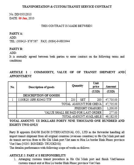 Mẫu hợp đồng vận tải quá cảnh - TIẾNG ANH