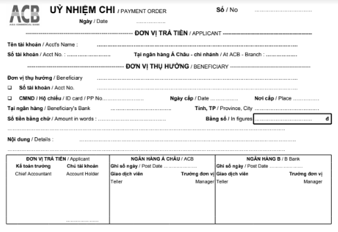 Mẫu giấy Ủy nhiệm chi ngân hàng ACB- Ngân hàng thương mại cổ phần Á Châu