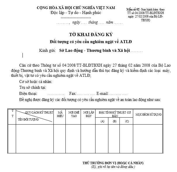 Mẫu tờ khai đăng ký nghiêm ngặt về an toàn lao động