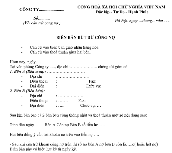 Mẫu biên bản bù trừ công nợ mới nhất