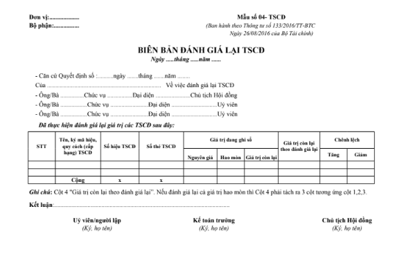 Mẫu biên bản đánh giá lại TSCĐ theo TT133/2016/TT-BTC ngày 26/08/2016 của Bộ Tài chính