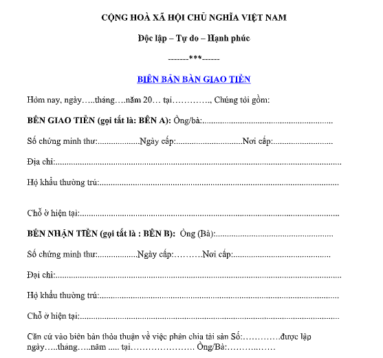 Mẫu biên bản giao tiền