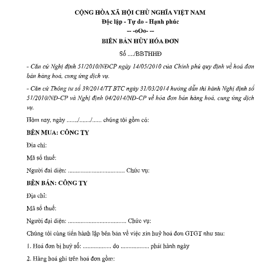 Mẫu biên bản hủy hóa đơn khi sai sót