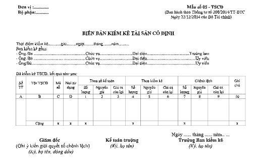 Mẫu biên bản kiểm kê TSCĐ theo TT200/2014/TT-BTC ngày 22/12/2014 của Bộ Tài chính