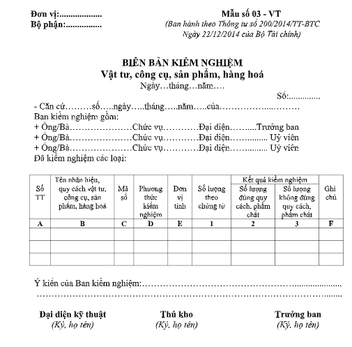 Mẫu BB kiểm nghiệm vật tư, công cụ, SP, hàng hoá theo TT200/2014/TT-BTC ngày 22/12/2014 của Bộ Tài chính