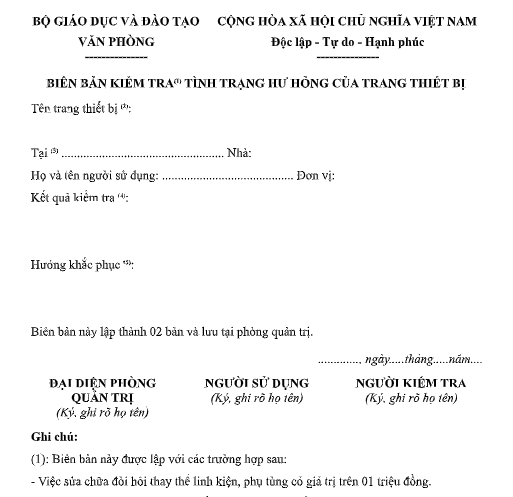 Mẫu biên bản kiểm tra tình trạng hư hỏng của trang thiết bị vật tư