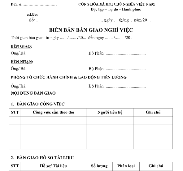 Mẫu biên bản bàn giao nghỉ việc